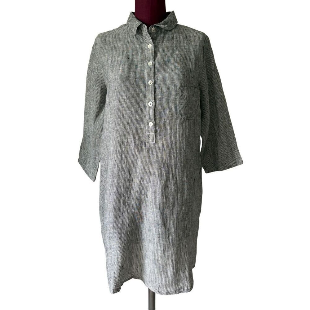JOH Linen Tunic Shirt Dress size M Gray Striped Collared 3/4 sleeves